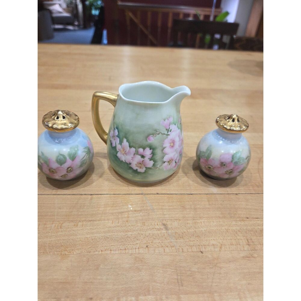 Antique Porcelain Creamer Salt Pepper Shakers Silesia Alice Pink Floral Gold 3